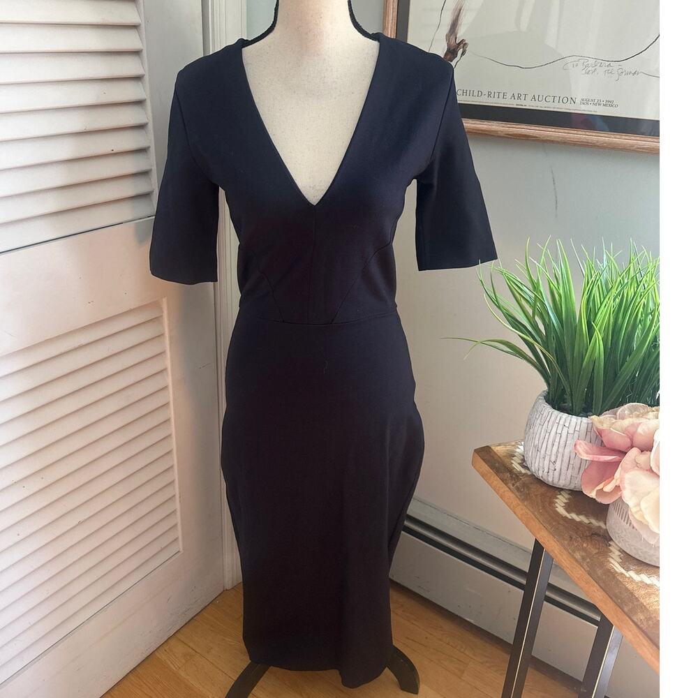 Iris & Ink Dress Womens 8 Navy Blue Ponte Sheath Bodycon Midi Cocktail Classic